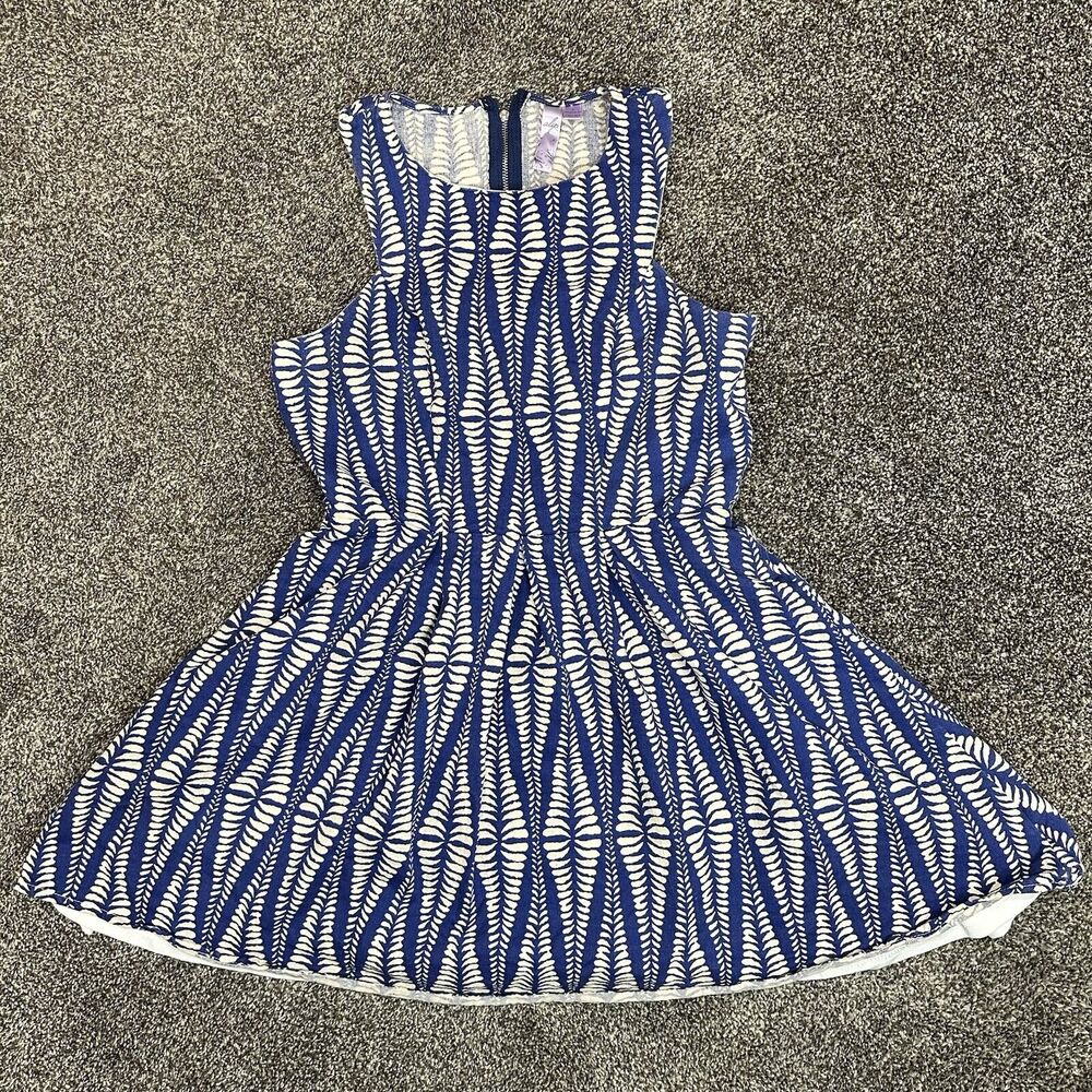 Ayla By Anthropology Flare Dress Blue & White Leaf Print Lined Zip Closure Sz Sm